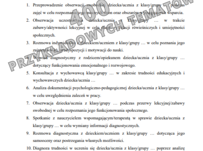 Plan pracy psychologa, przykładowe wpisy do dziennika, wzorcowe sprawozdanie