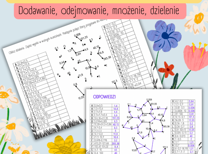 DZIAŁANIA NA UŁAMKACH DZIESIĘTNYCH – łączenie kropek (mnożenie/dzielenie/dodawanie/odejmowanie/ułamki dziesiętne/wiosna)
