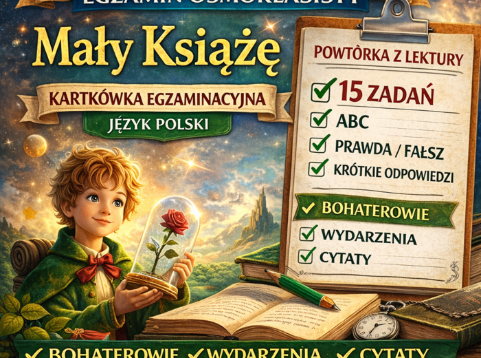 📚 „Mały Książę” – kartkówka egzaminacyjna | powtórka przed egzaminem ósmoklasisty (15 zadań)