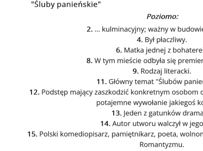 "Śluby panieńskie" - krzyżówka z odpowiedziami