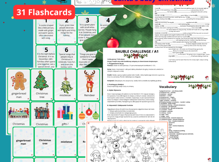 CHRISTMAS CHALLENGE klasy 4-8 *GRY*31 Flashcards* Zagadki* Karty pracy* Kolorowanki*- OGARNIJ ŚWIĘTA JEDNYM PLIKIEM 50str.