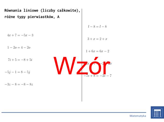 Równania liniowe (liczby całkowite), różne typy pierwiastków | matematyka, algebra | 26 kolumn