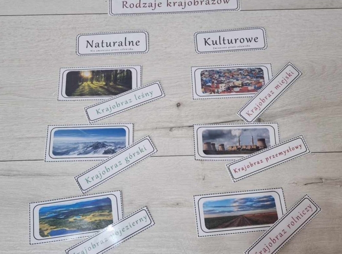 Materiał do zalaminowania/praca w grupach/stacje zadaniowe/układanka/puzzle „Rodzaje krajobrazów” w pdf. Przyroda, dział „Poznajemy krajobraz najbliższej okolicy”.