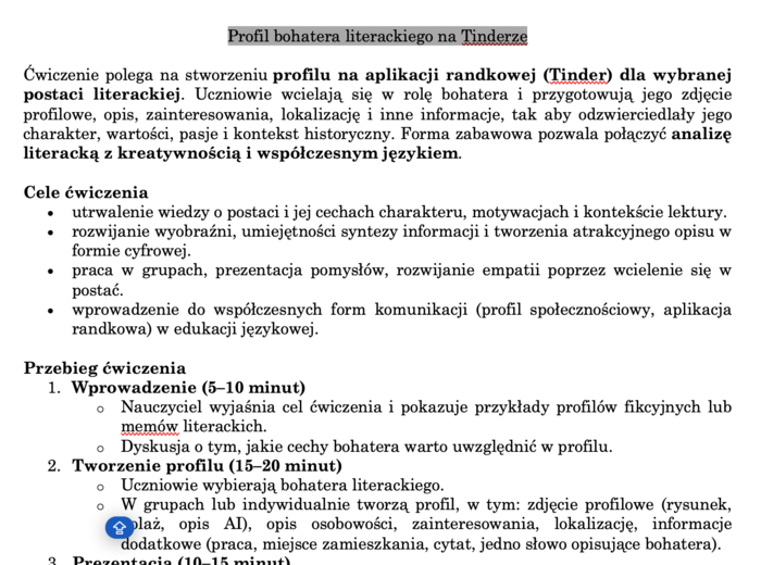 Profil bohatera literackiego na Tinderze - scenariusz ćwiczenia + szablon
