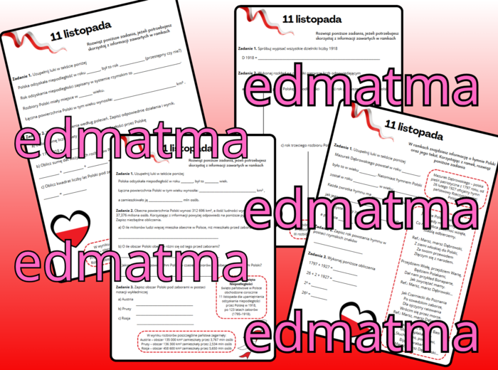 11 listopada, święto niepodległości - karta pracy, matematyka