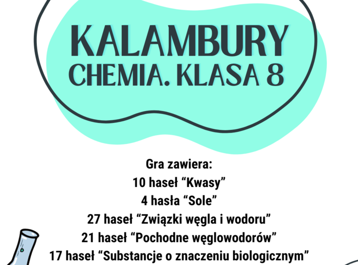 Chemia. Klasa 8. Kalambury – wciągająca gra edukacyjna. 79 haseł/ pojęć pochodzących z każdego działu.