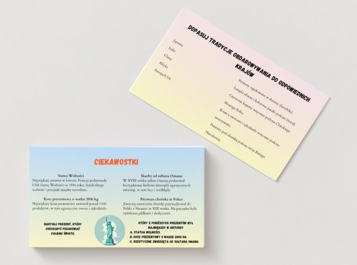 Tradycje obdarowywania w różnych kulturach (Japonia, Indie, Chiny, Afryka, Europa). Symbolika i przesądy. Ciekawostki. Quiz. Memory. Karta pracy.