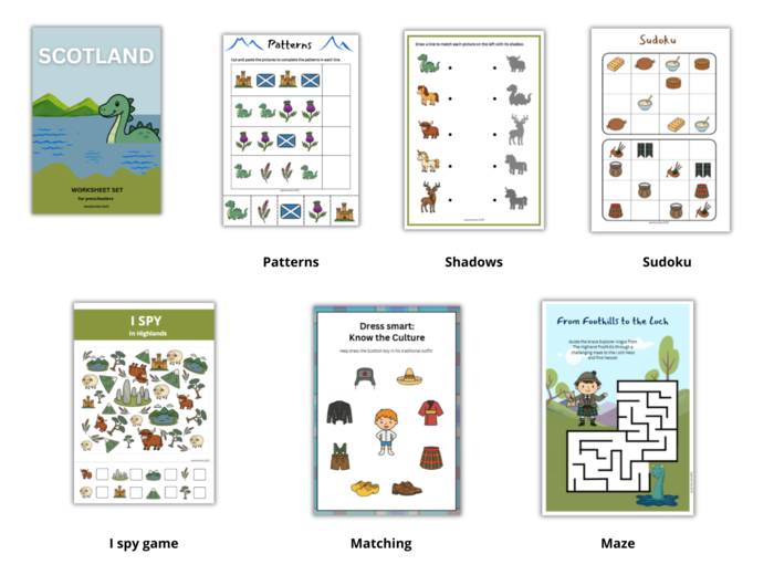Discover Scotland - vocabulary bundle for preschoolers - Szkocja Kulturowe Karty Pracy dla uczniów przedszkola oraz zerówki przedszkolnej, Słownictwo dodatkowo karty obrazkowe