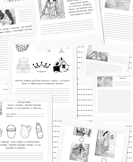 "Balladyna" -angażujące zadania na stacje zadaniowe lub jako karty pracy. Kolorowanki edukacyjne.