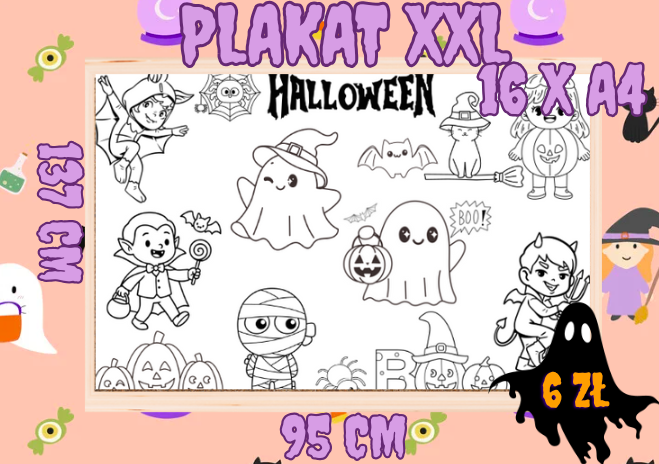 Plakat do kolorowania na Halloween w wersji XXL| 16 stron A4| Świetna zabawa gwarantowana!