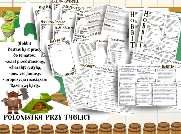 Hobbit zestaw kart pracy z propozycją odpowiedzi - świat przedstawiony, miejsca + wydarzenia, charakterystyka i gatunek utworu