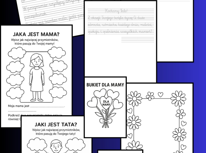 🌷 8 kart pracy, Czcionka szkolna - pisanie po śladzie. Zestaw edukacyjny: Dzień Mamy i Taty – zaproszenie, życzenia, przymiotniki i prezent 🌷