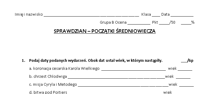 Początki średniowiecza - sprawdzian