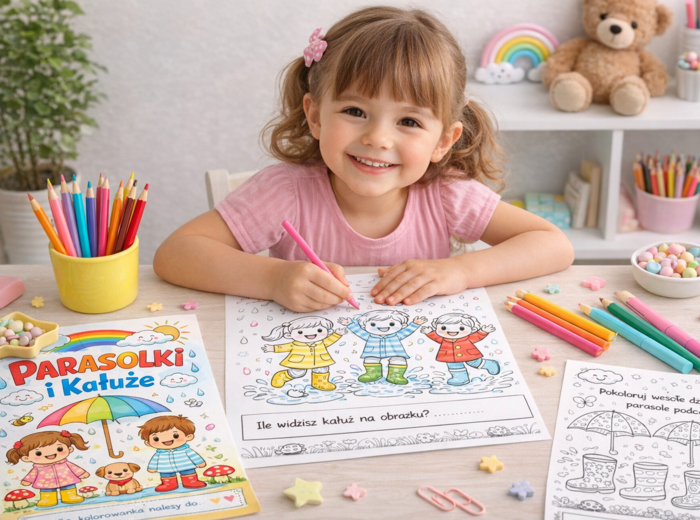 Kolorowanka: Parasolki i kałuże