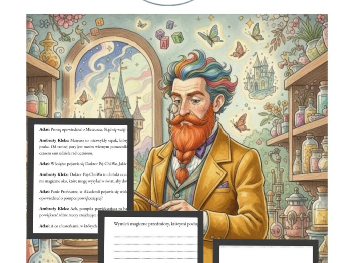 Wywiad Adasia Niezgódki z Ambrożym Kleksem- karta pracy z 15 zadaniami otwartymi i grafiką