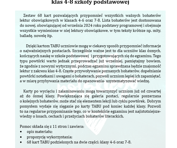 LEKTUROWE TABU- ZESTAW 68 KART DLA UCZNIÓW KLAS 4-8