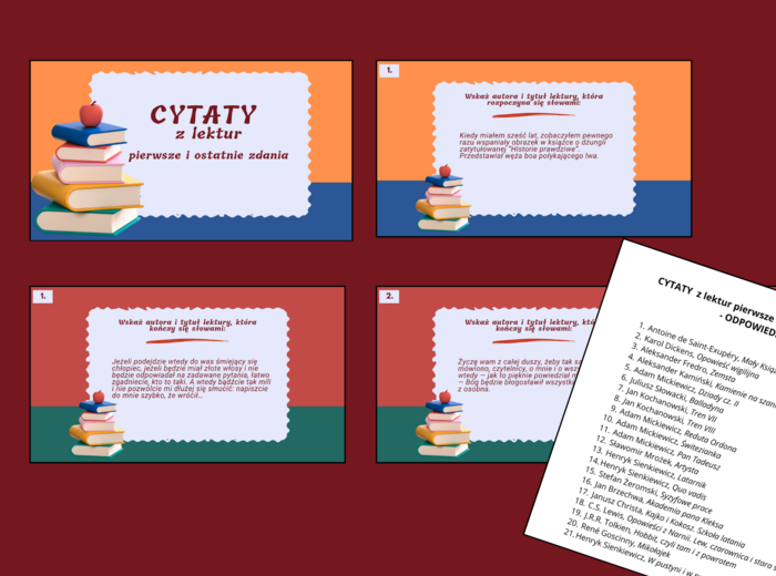 CYTATY z lektur pierwsze i ostatnie zdania – 42 cytaty – LEKTURY OBOWIĄZKOWE – egzamin – powtórka - PREZENTACJA + odpowiedzi
