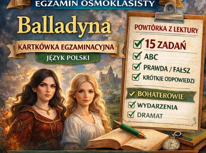 📚 „Balladyna” – kartkówka egzaminacyjna | powtórka przed egzaminem ósmoklasisty (15 zadań)