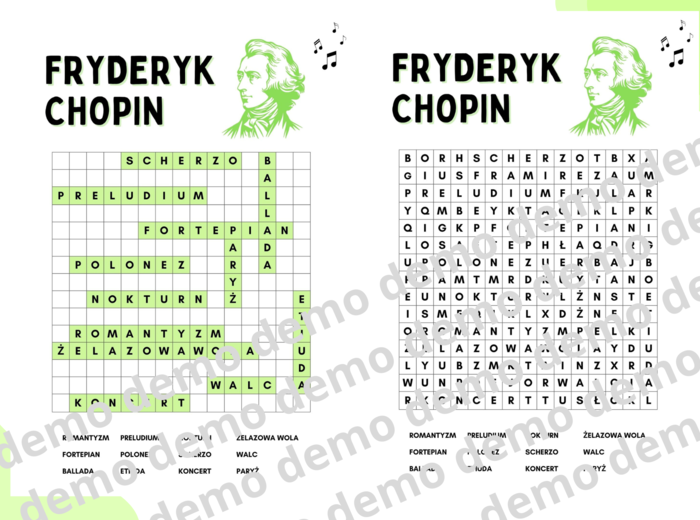 Muzyka, klasa 4-5 Fryderyk Chopin. Karta pracy: wykreślanka.