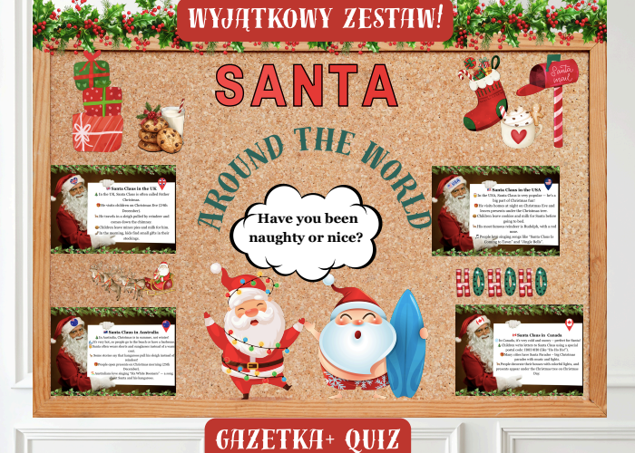 🎅Gazetka językowa Santa Around the World+ quiz| Wyjątkowa edukacyjna dekoracja klasy lub korytarza🎅