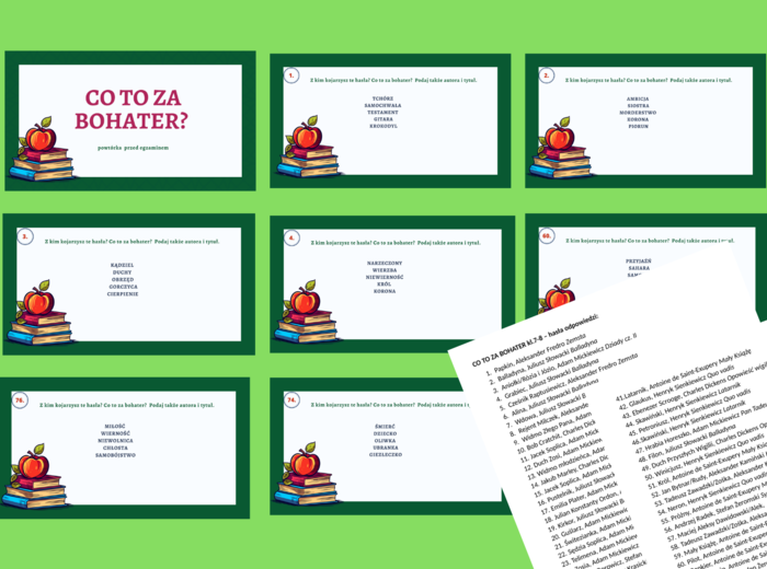 CO TO ZA BOHATER? – hasła - prezentacja – 78 slajdów - lektury kl. 7-8 – egzamin- powtórka + ODPOWIEDZI