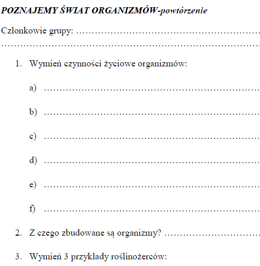 Poznajemy świat organizmów-karta pracy