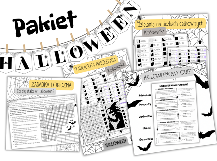 PAKIET 5 MATERIAŁÓW – HALLOWEEN – kodowanka / łamigłówka / zagadka / liczby całkowite / tabliczka mnożenia / procenty / quiz / napis