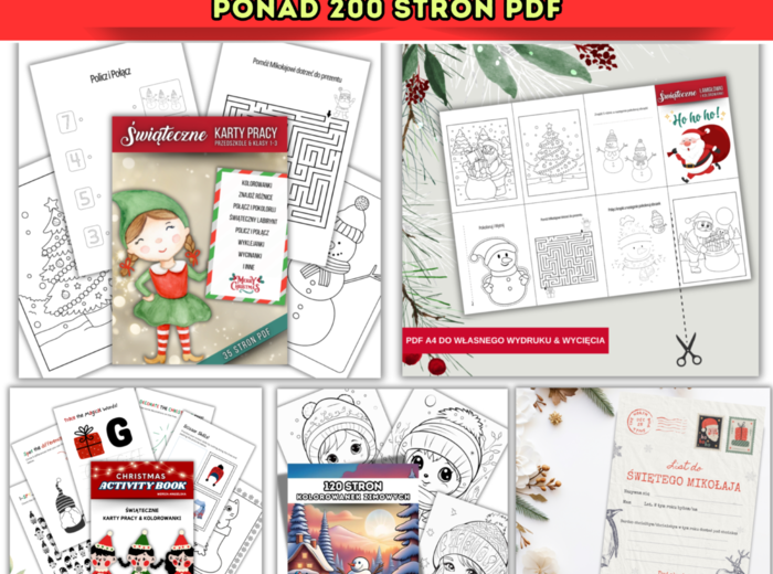 PAKIET Świąteczne Karty Pracy, Świąteczne Kolorowanki, Świąteczne Łamigłowki. PONAD 200 stron PDF
