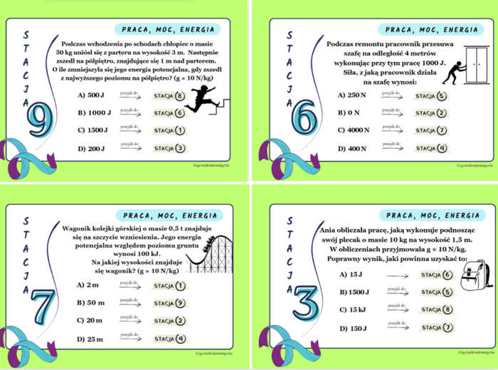 Stacje zadaniowe - praca, moc, energia. Pomysł na gotową lekcję.