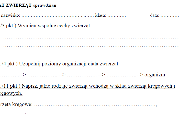 Świat zwierząt-sprawdzian