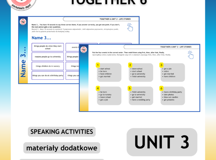 Together 6 Unit 3 zestaw: Vocabulary Activities + Grammar Activities + Speaking Activities + Board Game + Test i kartkówki do działu