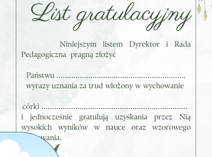 List gratulacyjny dla Rodziców