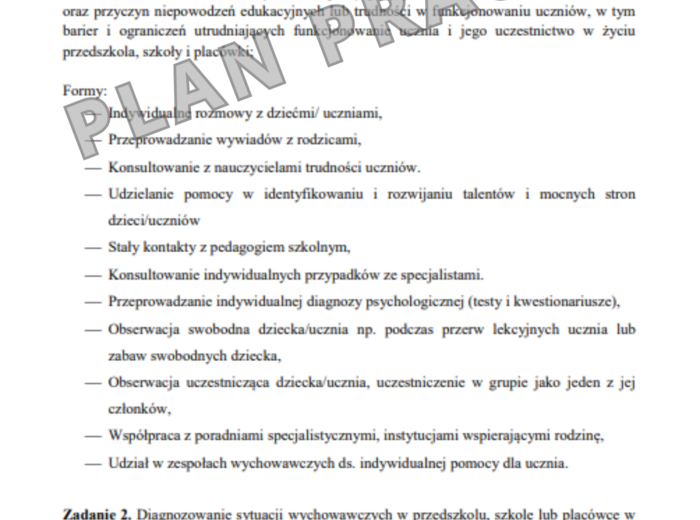 Plan pracy psychologa, przykładowe wpisy do dziennika, wzorcowe sprawozdanie