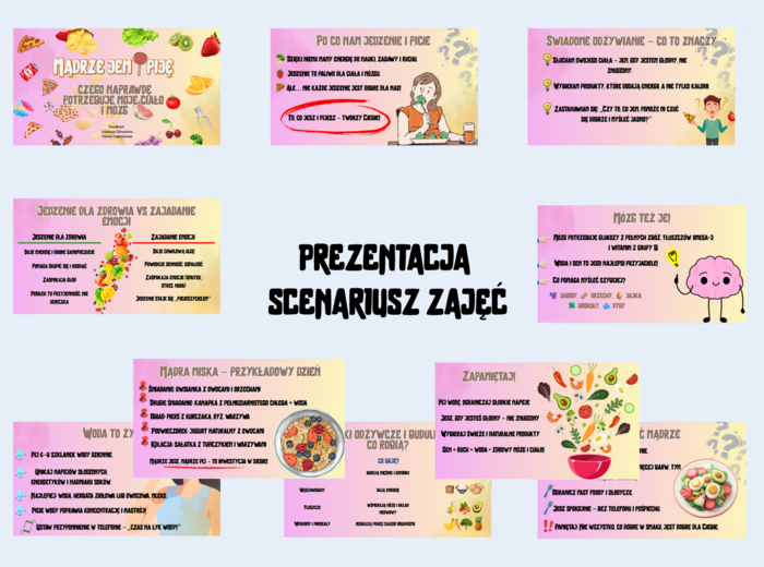 Mądrze jem i piję- czego naprawdę potrzebuje moje ciało i mózg/ Prezentacja+ Scenariusz zajęć/ Edukacja zdrowotna
