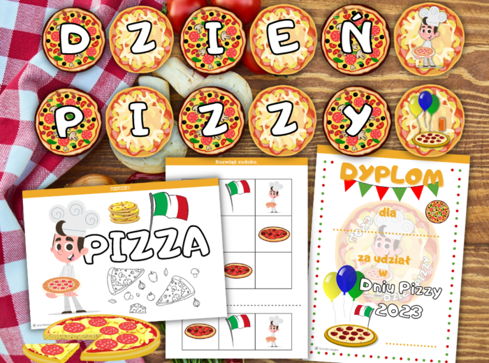 Dzień Pizzy. Girlanda. Zadania. Dyplom. Przypinki. Bingo