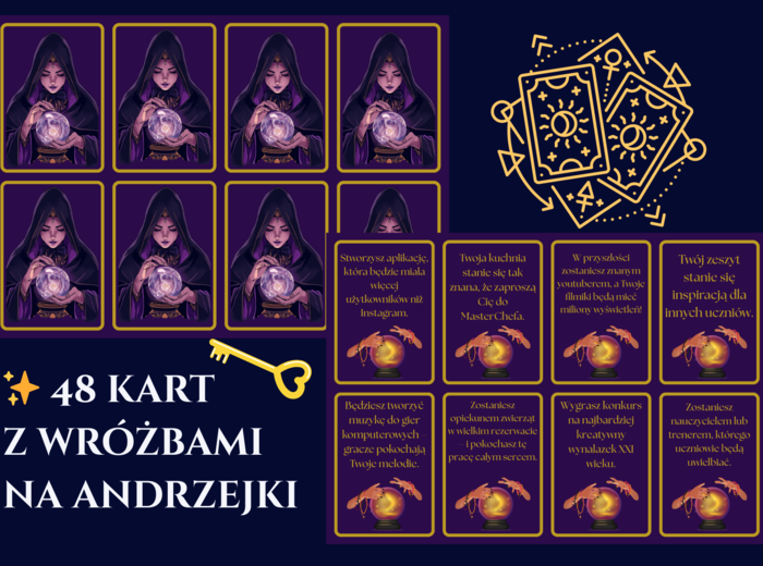 ✨ 48 kart z wróżbami andrzejkowymi dla klas 4–8 – gotowe karty PDF ✨