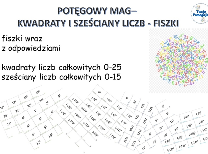 Potęgowy Mag - kwadraty liczb całkowitych 0-25; sześciany liczb całkowitych 0-15; fiszki