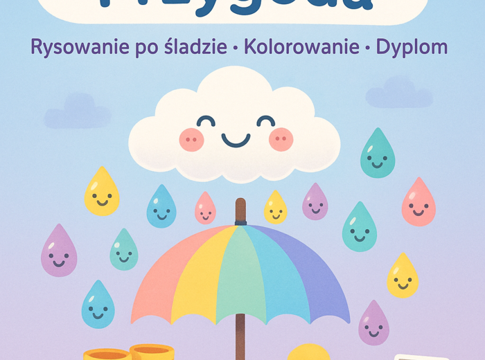 Rysowanie po śladzie: krople deszczu, chmurki, kalosze, parasole