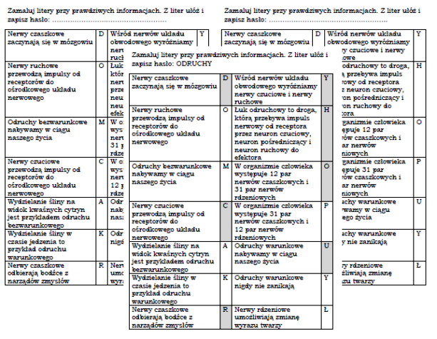 Łamigłówka na podsumowanie lekcji biologii w klasie 7 "Obwodowy układ nerwowy, Odruchy"