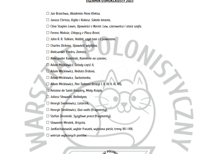 LISTA LEKTUR - EGZAMIN ÓSMOKLASISTY / DUŻA WERSJA / A4
