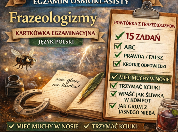 ✏️ Frazeologizmy – kartkówka egzaminacyjna | powtórka przed egzaminem ósmoklasisty (15 zadań)