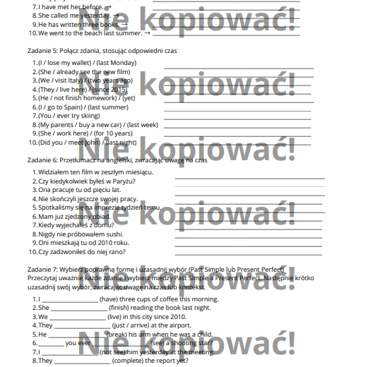 Karta Pracy Past Simple & Present Perfect B1/B2