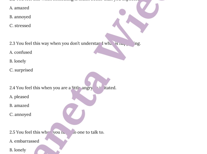 PRZYMIOTNIKI (EMOCJE)– Zbiór zadań do egzaminu ósmoklasisty z języka angielskiego. Poziom A2/A2+ – przymiotniki opisujące uczucia i emocje, ćwiczenia: końcówki -ing/-ed, przymiotniki zaprzeczające (unamused, unexciting), wypełnianie luk w tekście, tworze