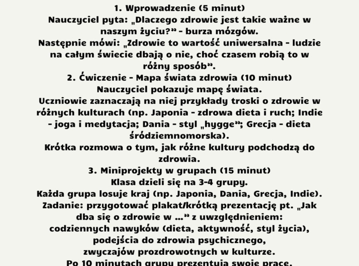 Scenariusze lekcji edukacja zdrowotna dla klasy 8 część 1 (lekcje 1-8) w oparciu o program nauczania proponowany przez MEN: HOLISTYCZNA EDUKACJA PROZDROWOTNA W SZKOLE PODSTAWOWEJ – CIAŁO, UMYSŁ, DUCH. Program nauczania edukacji zdrowotnej dla klas IV-VII