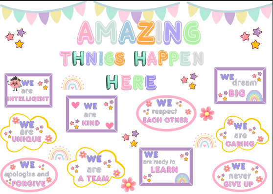 Gazetka „Amazing things happen here” łącznie 35 stron|format A4 i mniejszy| ideal na jako całoroczna dekoracja sali i nie tylko| w pakiecie karta pracy i pomysły na wykorzystanie gazetki na lekcjach