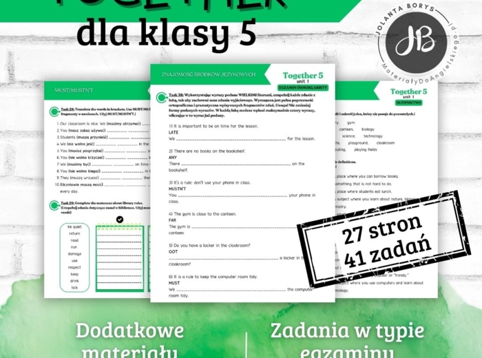Together 5 Unit 1: Back to school – materiały dodatkowe: słownictwo, gramatyka, komunikacja, czytanie, egzamin ósmoklasisty – karty pracy, ćwiczenia