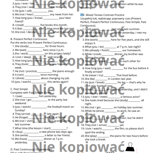 Karta pracy: Mastering the Perfect & Past Tenses B2/B2+