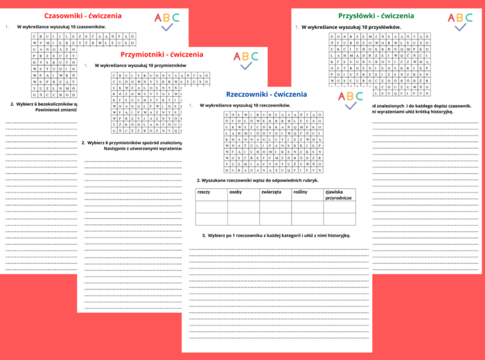 Rzeczownik, czasownik, przymiotnik, przysłówek - karty pracy kl.4-5 - karta pracy - język polski - części mowy