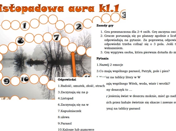 Gra planszowa pt. "listopadowa aura" dla klasy 1 do cyklu "Szkoła na TAK"