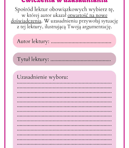 Ćwiczymy argumentowanie i utrwalamy treść lektur- karty z zadaniami na klasowym kursie redagowania wypowiedzi argumentacyjnej. Level 4